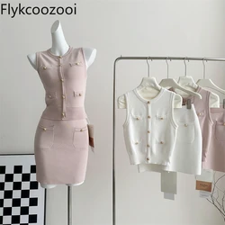 High Quality Imported Woven Korean Sleeveless Temperament Double Knit Vest and Slim Fit Skirt 2 Pieces Set Conjunto Feminino