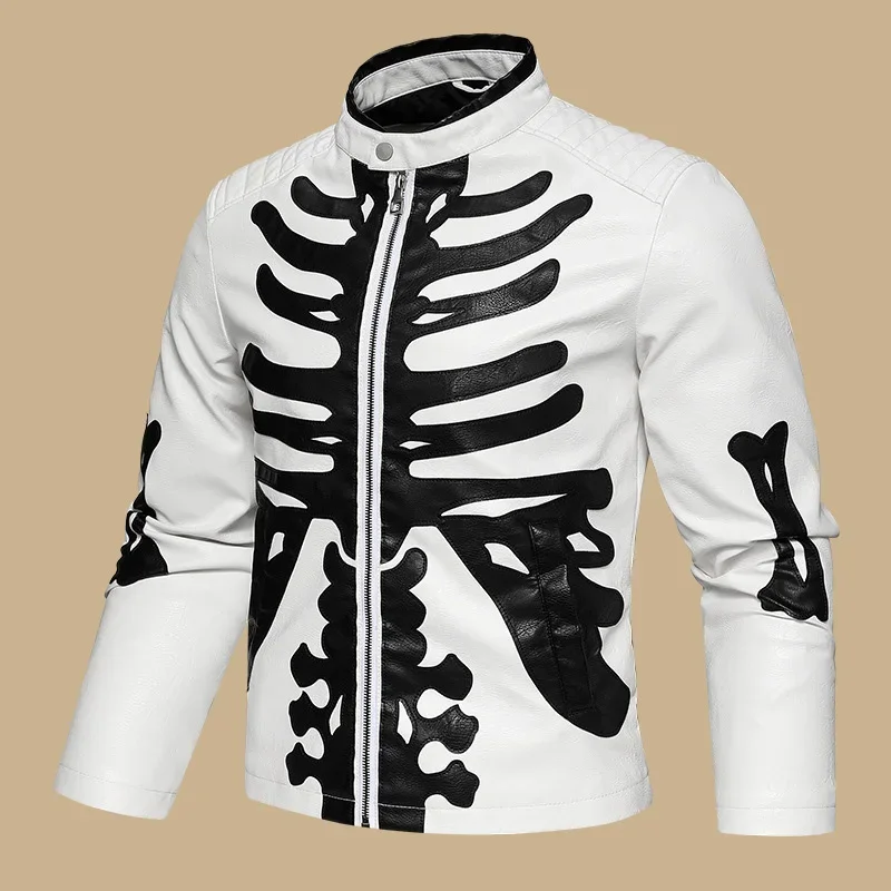 

Autumn Men Jacket Streetwear Punk Contrast Color Male Leather Outerwear Stand Collar Long Sleeve Zipper Windproof Man Coat