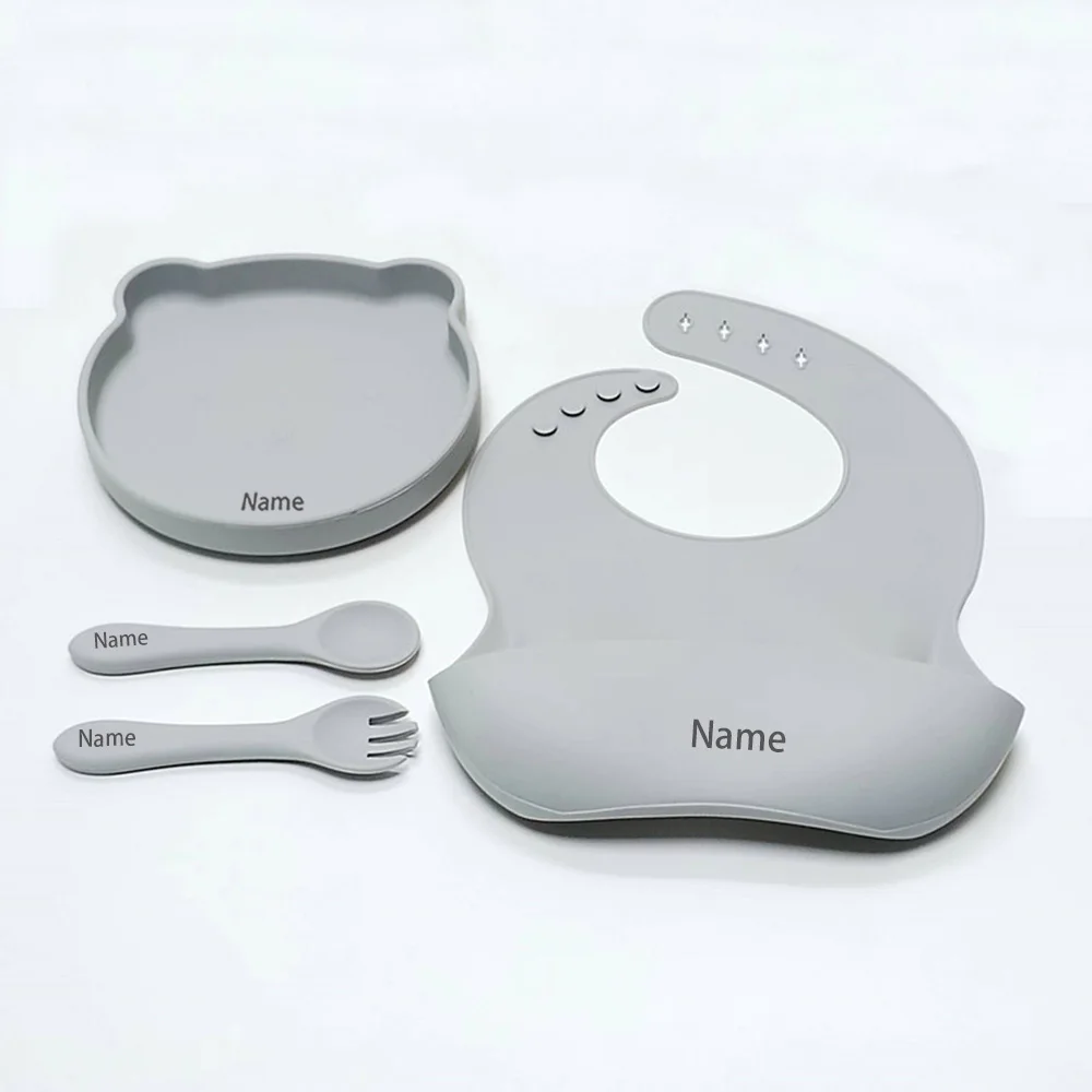 Free Name Printing Silicone Children's Tableware Feeding Bowl Silicone Fork Spoon Plate Meal Training Holiday Gift