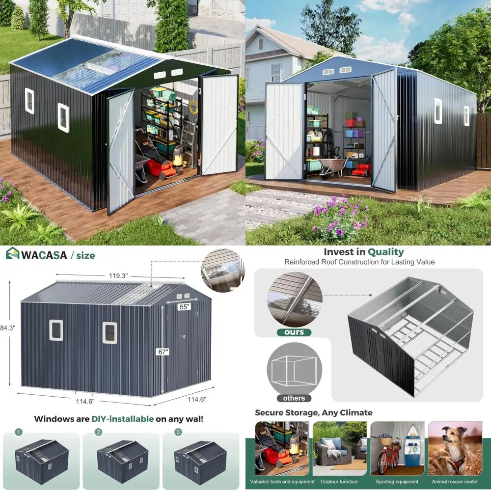 

10x10 Metal Storage Shed with Floor Kit, Translucent Roof Panels, Windows, Outdoor Natural Lighting Tool Sheds