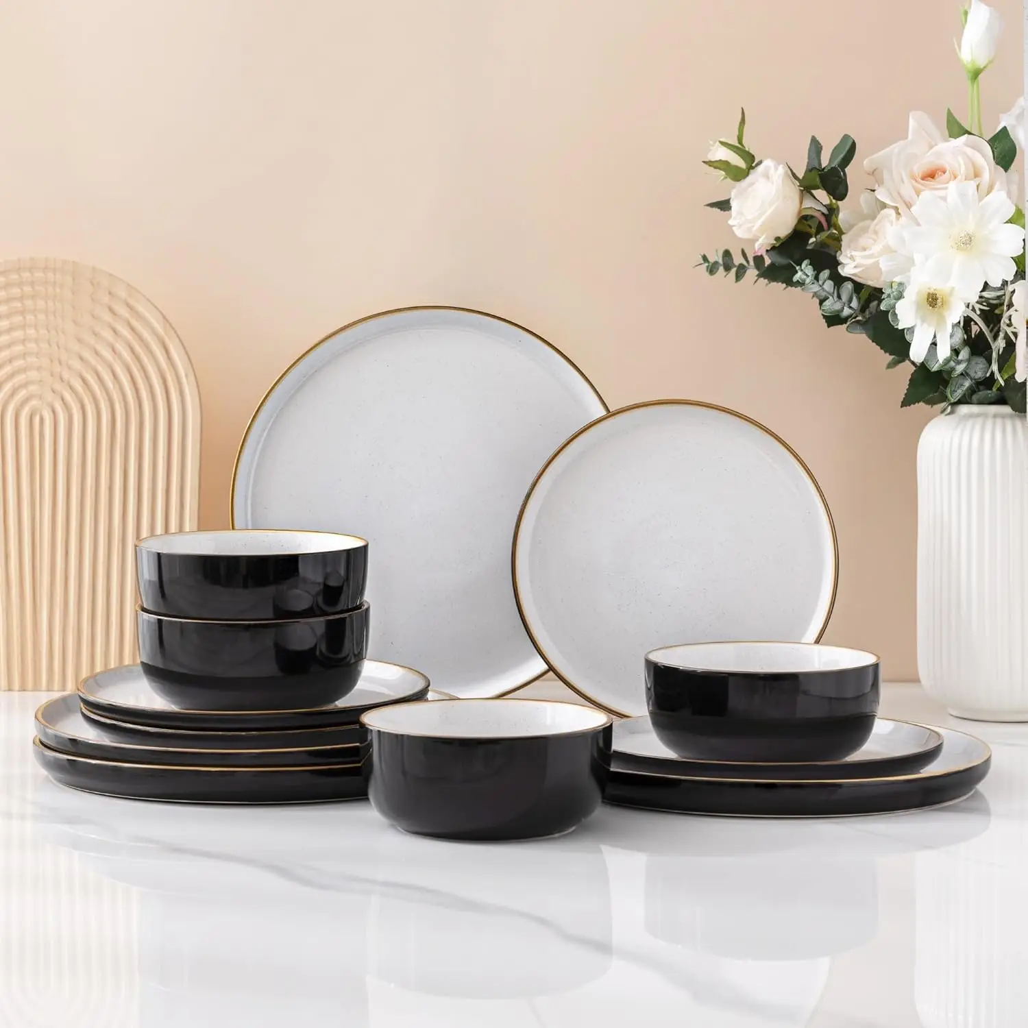 

Dinnerware Set - 12 Piece Ceramic Plates and Bowls, Stoneware Plates Handpainted, Dishwasher & Microwave Safe (Speckled Black &