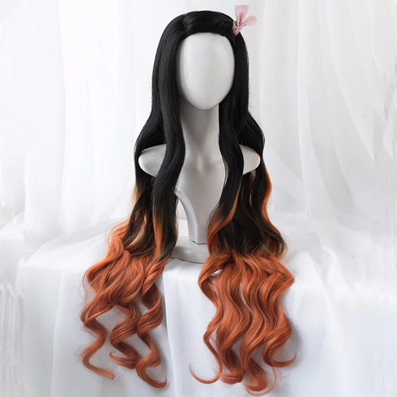 Anime Nezuko Kamado Nezuko Cosplay Wig Dyeing Layered Gradient Ombre Long Heat Resistant Synthetic Hair Wigs Wig Cap