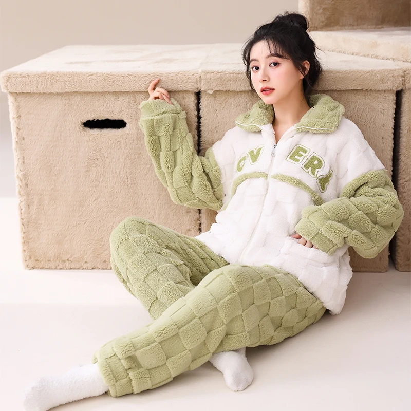 High Quality Winter Women Pajama Set Warm Flannel Sleepwear Female Thick Long Sleeve Pijamas