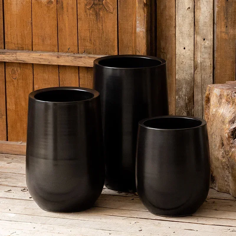 Nordic sense black ceramic large flower pot light luxury indoor living room villa furniture decorative green plant pot