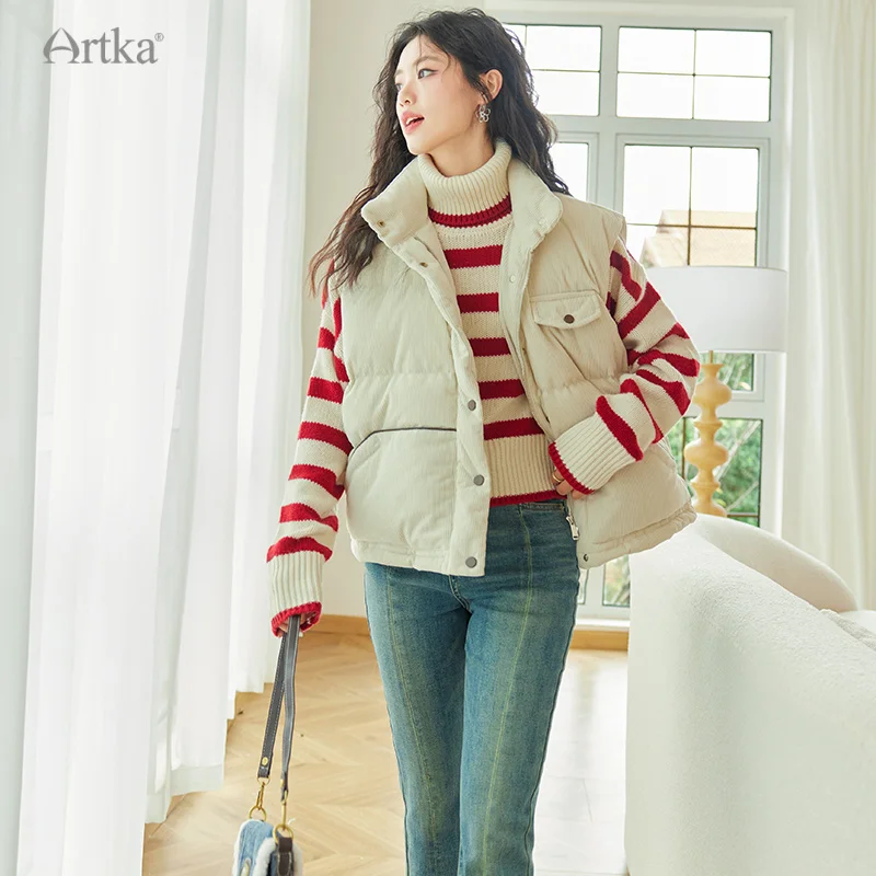 ARTKA 2023 Winter New Women Down Jacket Fashion Casual 90% White Duck Down Corduroy Vest Outerwear Loose Warm Down Vest CK92231D