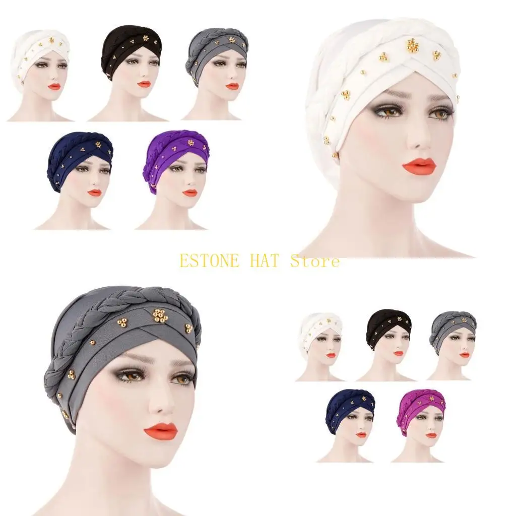 49MF Muslim Beaded Braid Turban Hat Hijab Cap Chemo Hair Loss Headwear for Family