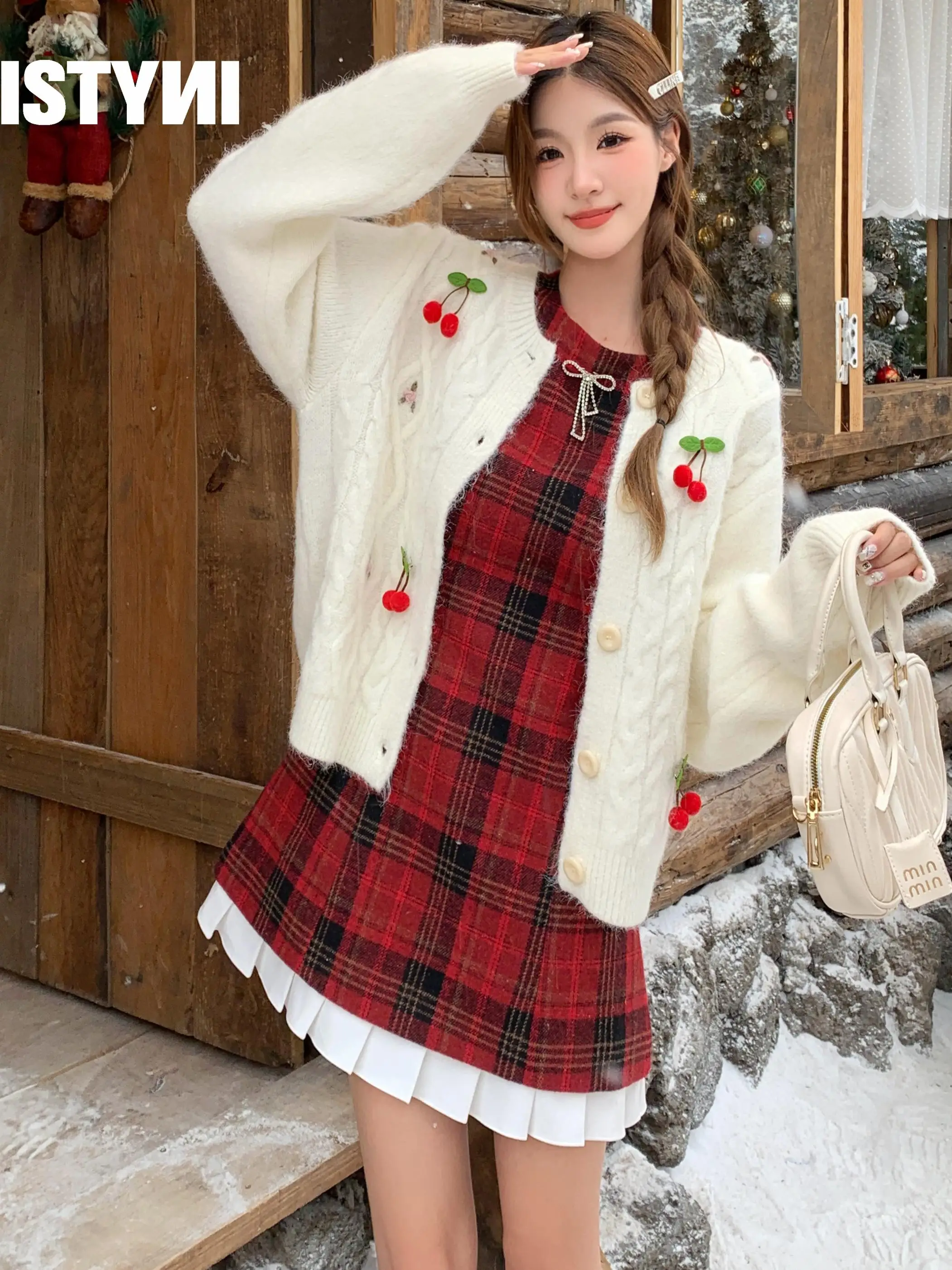 

Isni Store Embroidered Cherry Knitted Jaet Women Loose Sweet ort Sweater Open Cardigan Ele Top Autumn Long Sve