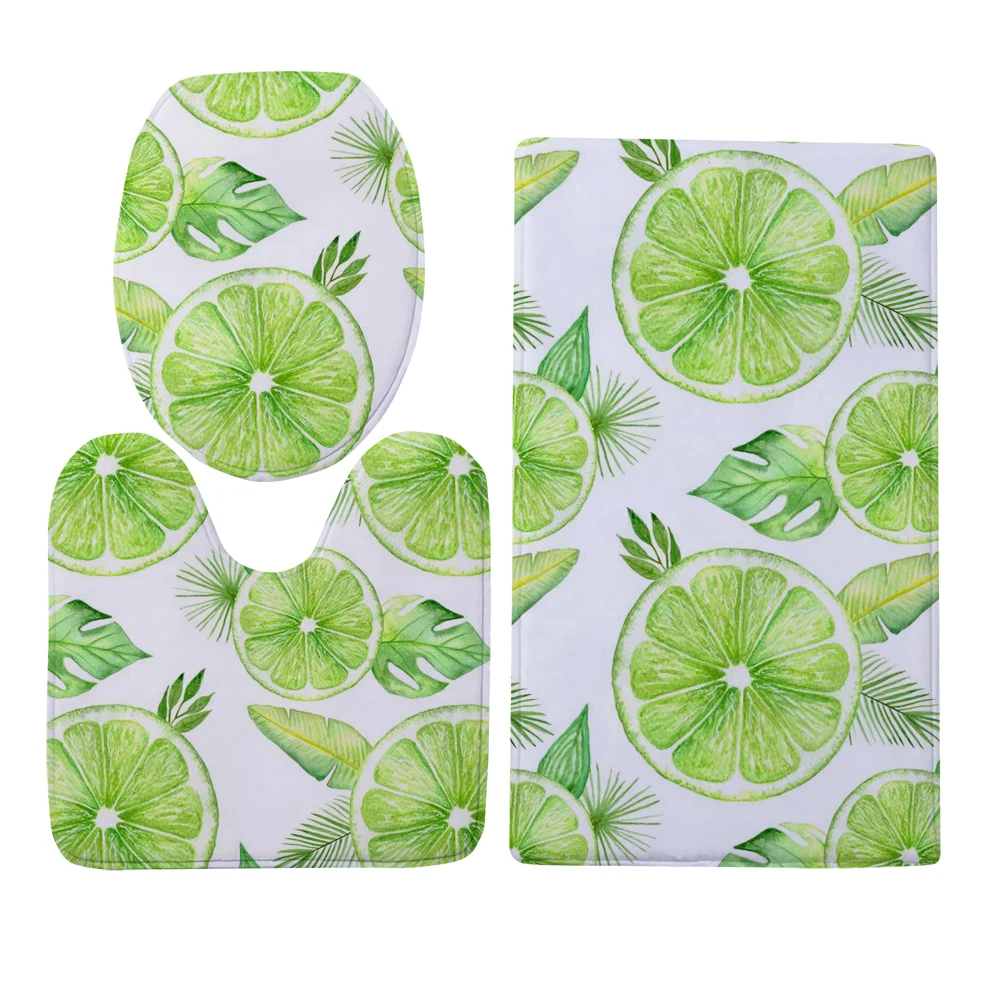 CLOOCL Fashion Toilet Cover Set 3D Graphic Fresh Leaf Lemon Printed Three-piece Toilet Flannel U-shaped Carpet Absorbent Rug