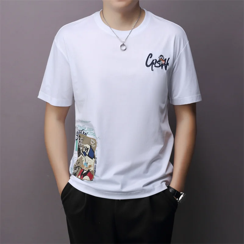 

AISHUNP Men T Shirt Embroidery Letter Cartoon Duck Sticker Cotton High Quality Fashion Short Sleeve Tee Streetwear Men Clothing