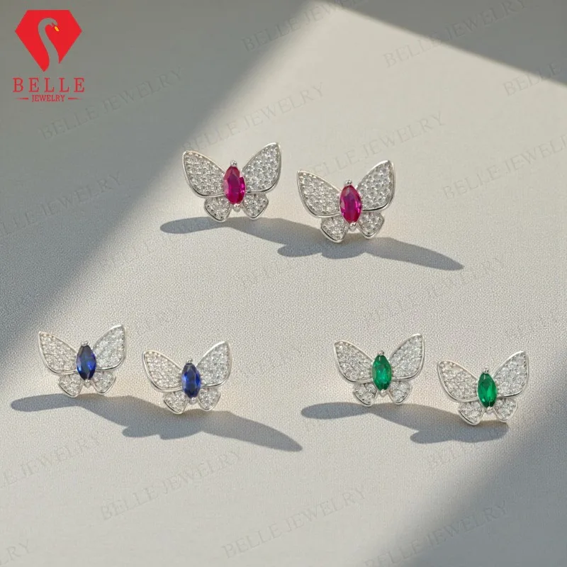 حلق على شكل فراشة زهرة 0.6-1 قيراط مع الزمرد/الماركيز روبي/الياقوت/كولومبيا/بادبارادشا لمناسبات غير رسمية لطيفة للنساء