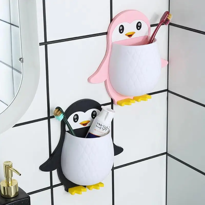 Cute Cartoon Penguin Wall Mounted Storage Holder With No Drill Installation Perfect For Bathroom Toothbrush Toiletry Organizer