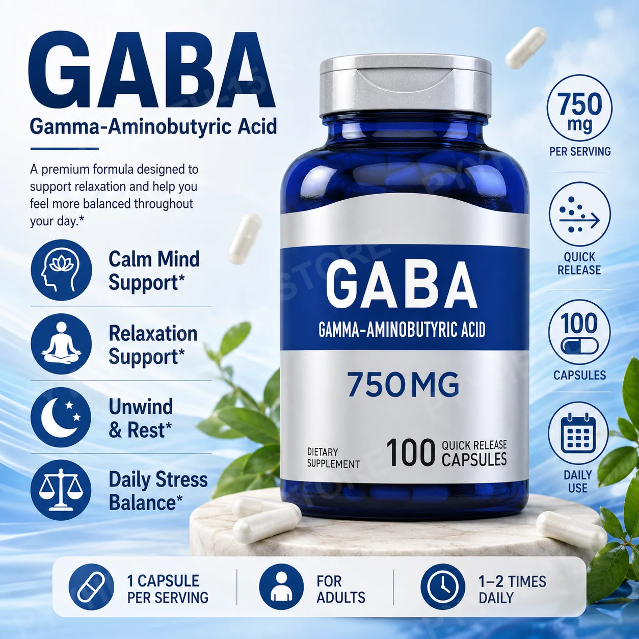 GABA 750mg Capsules, Gamma-Aminobutyric Acid Supplement, Calm Focus and Daily Relaxation Support, 100 Count,  for Men and Women