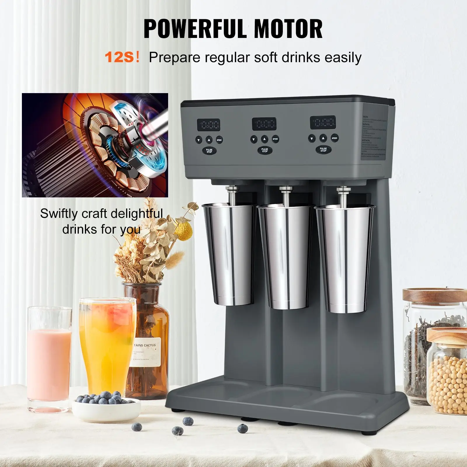 Milkshake Maker, 375W x 3 Electric Milkshake Machine, Commercial Triple Heads Drink Mixer Blender, LED Intelligent Microswitch,