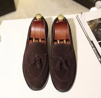 Pure Hand Made Chocolate Apricot Suede Tassel Round Toe Low Top Loafers Men Genuine Leather Slip On Outdoor Flat Casual Shoes