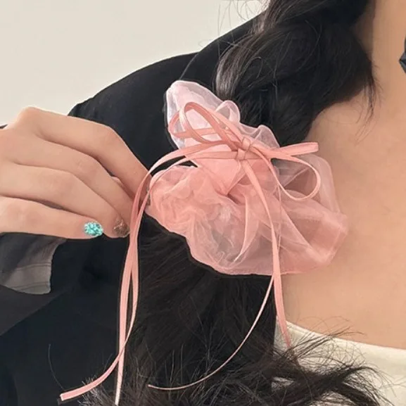 경량 프릴 디자인 Organza 헤어 서클 탄성 빨 수있는 긴 리본 활 Scrunchies 로맨틱 소프트 헤어 넥타이 소녀