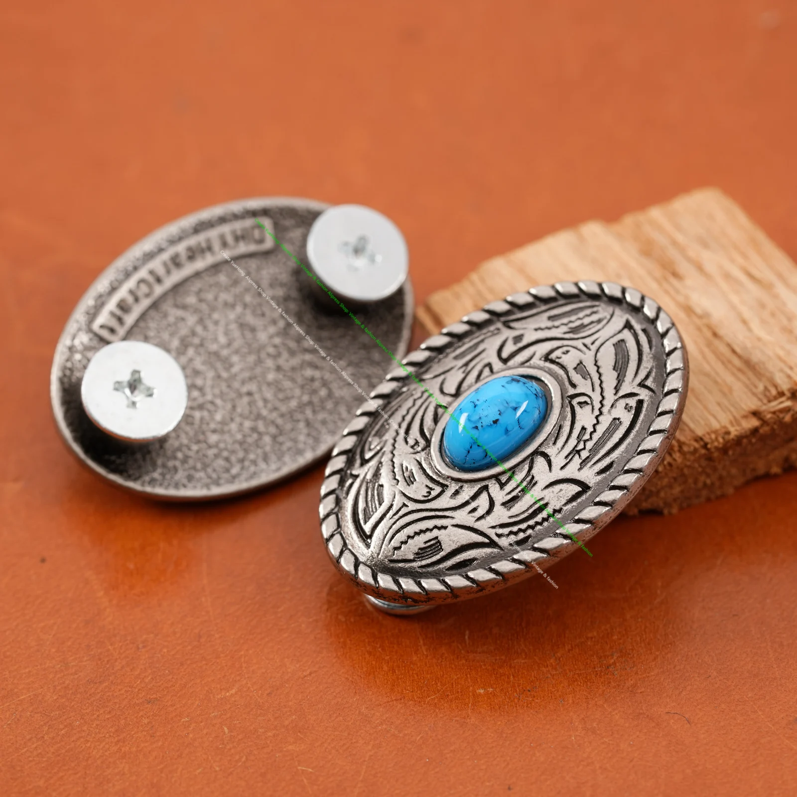 10X 35X25MM Western Antique Sliver Blue Turquoise Flower Engraved Saddle Tack Belt leathercraft Prairie Dust Oval Conchos
