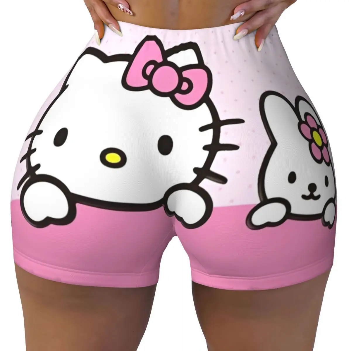 Women Workout Yoga Shorts Hello Kitty And Bunnies High Waist Shorts Gym Biker Running