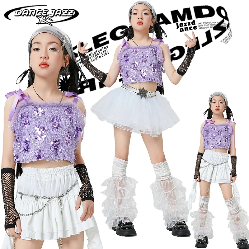 

Children'S Stage K-pop Clothes Purple Sequins Top Skirt Girls Jazz Dance Costume Kids Ballroom Dance Outfit Street Suits XS9840