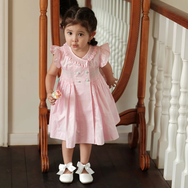 Smocking Hand Embroidery Pink Fashion New In Baby Kids Clothes Girls Cotton Dresses Children Clothing Summer Dress Vestidos