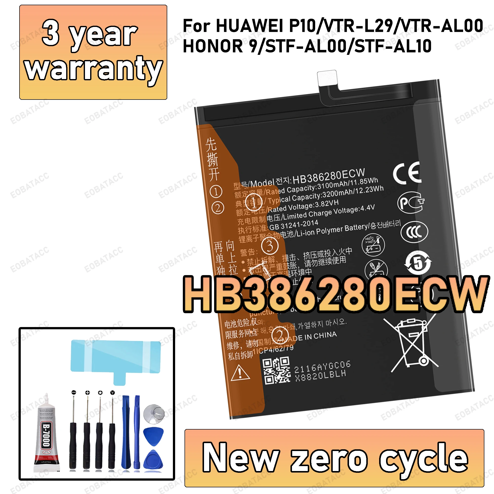 

100% New High Quanlity HB386280ECW Battery For HUAWEI P10/VTR-L29/VTR-AL00/HONOR 9/STF-AL00 Replacement batteria+Free tools
