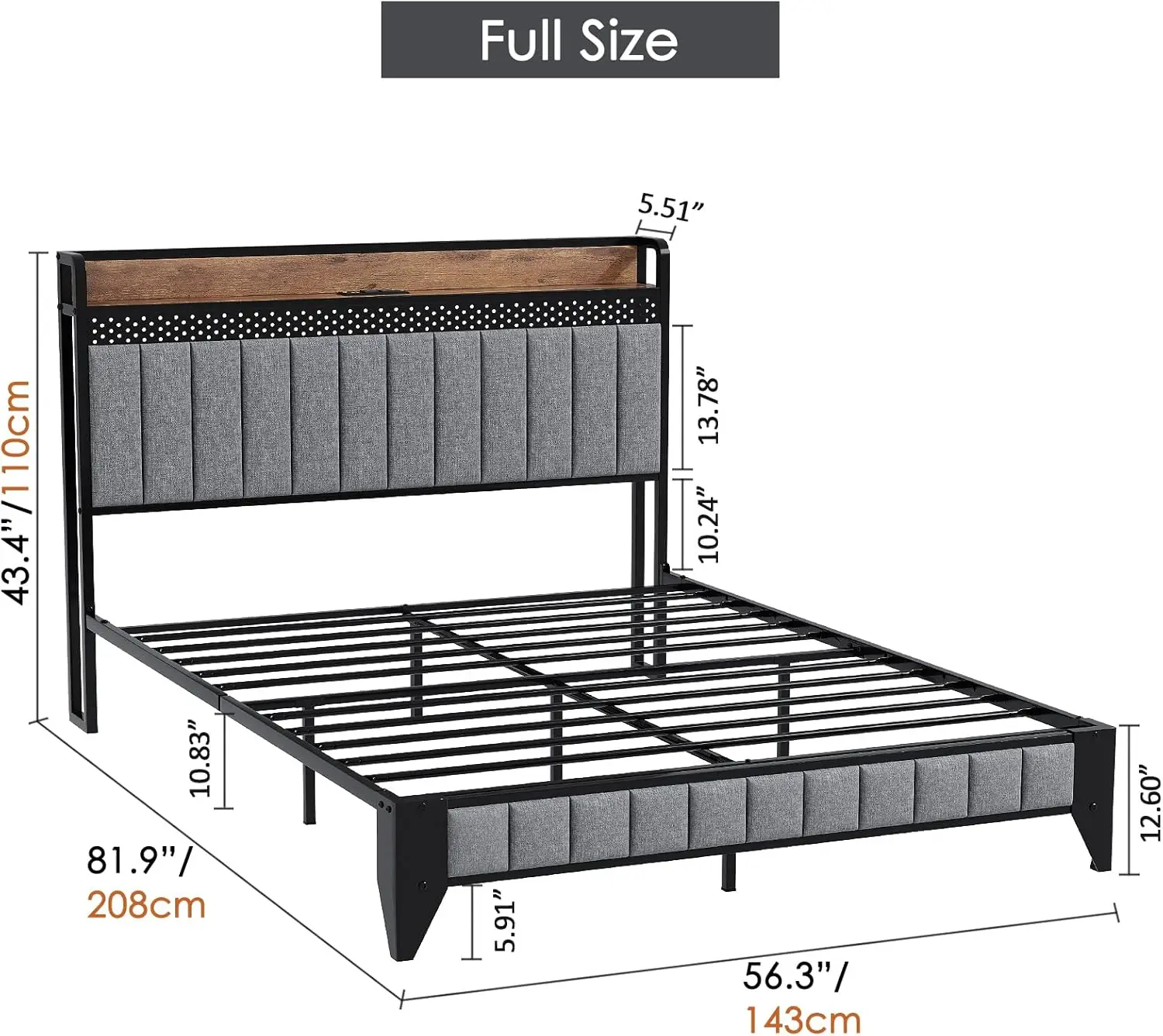 Size Bed Frame with Charging Station & Led Lights, Full Platform Bed Frame with Soft Storage Headboard, Sturdy and Durable, No B