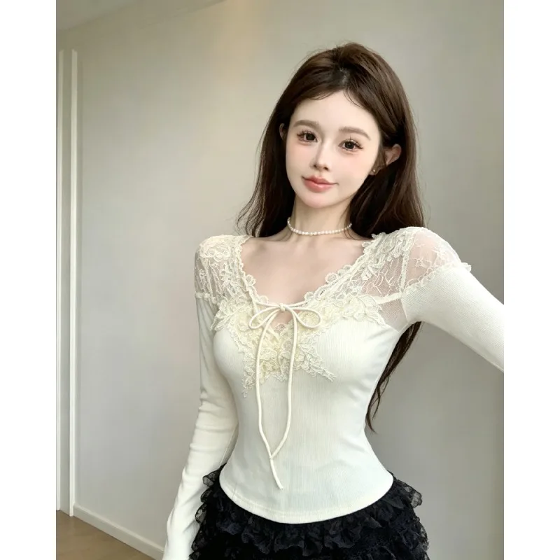 Pure Desire Sweet Sister Lace Hook Flower Splicing Long Sleeve Knitted Sweater Women's Slimming Trendy Top City Walk Cotton B...