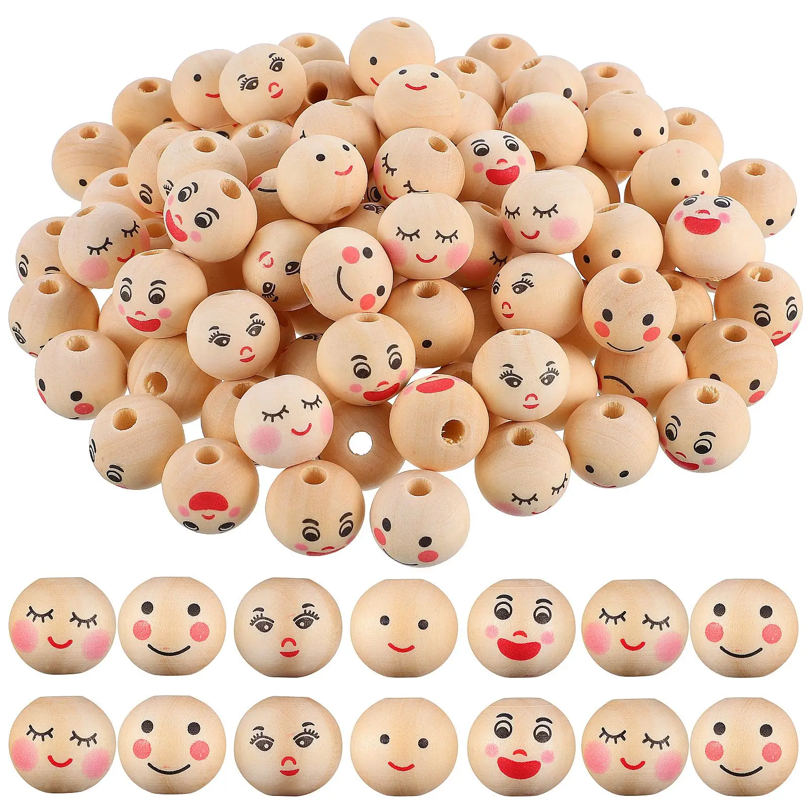 

100Pcs Fashion 20mm Round Face Beads Pieces Natural Wooden Decor Chiristmas Tree Garland Craft Smiling Face Loose For Bracelets