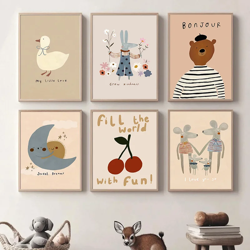 Cartoon Dog Goose Rabbit Bear Mouse Poster Cute Animal Wall Art Canvas Painting Prints Wall Art HD Pictures Baby Kids Room De