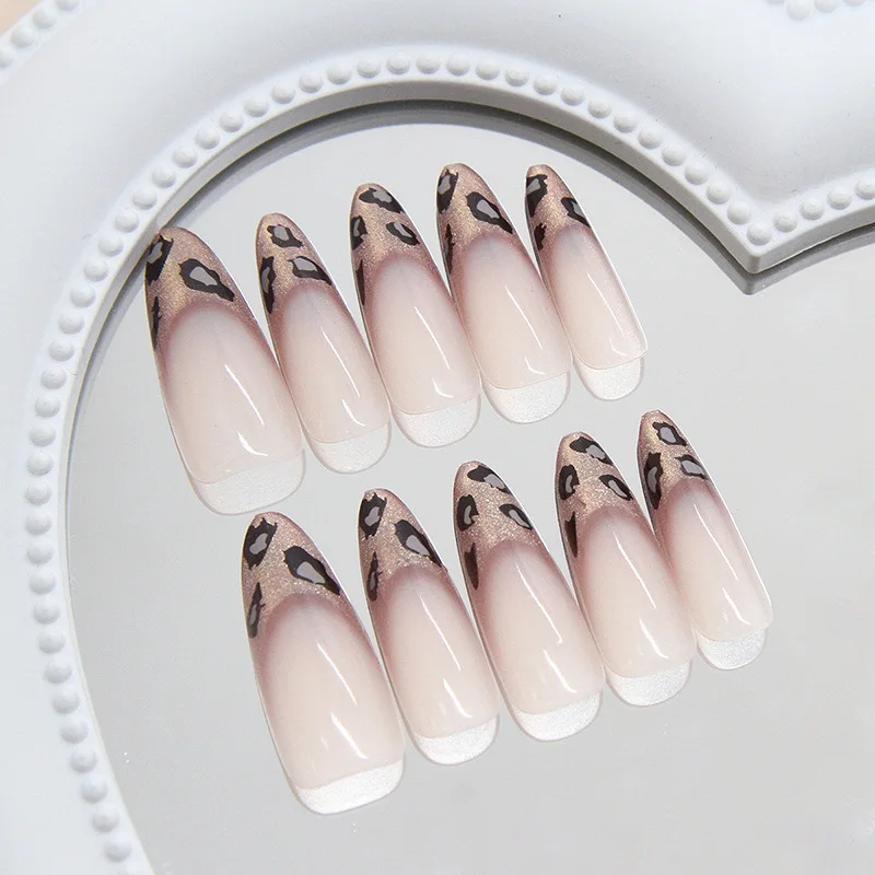24 個フレンチキャットアイヒョウ柄プレスオンネイルシンプルなショートネイルフルカバーウェアラブル付け爪