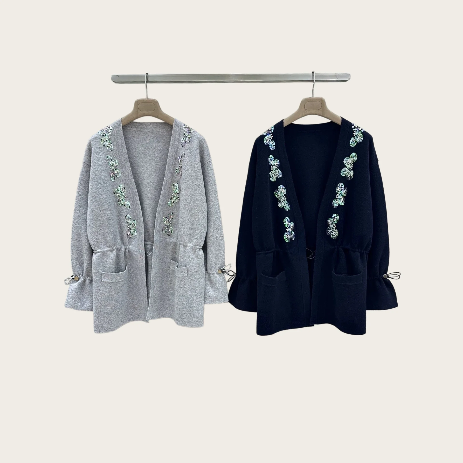 Sequin Decor Drawstring Waist Knit Cardigan