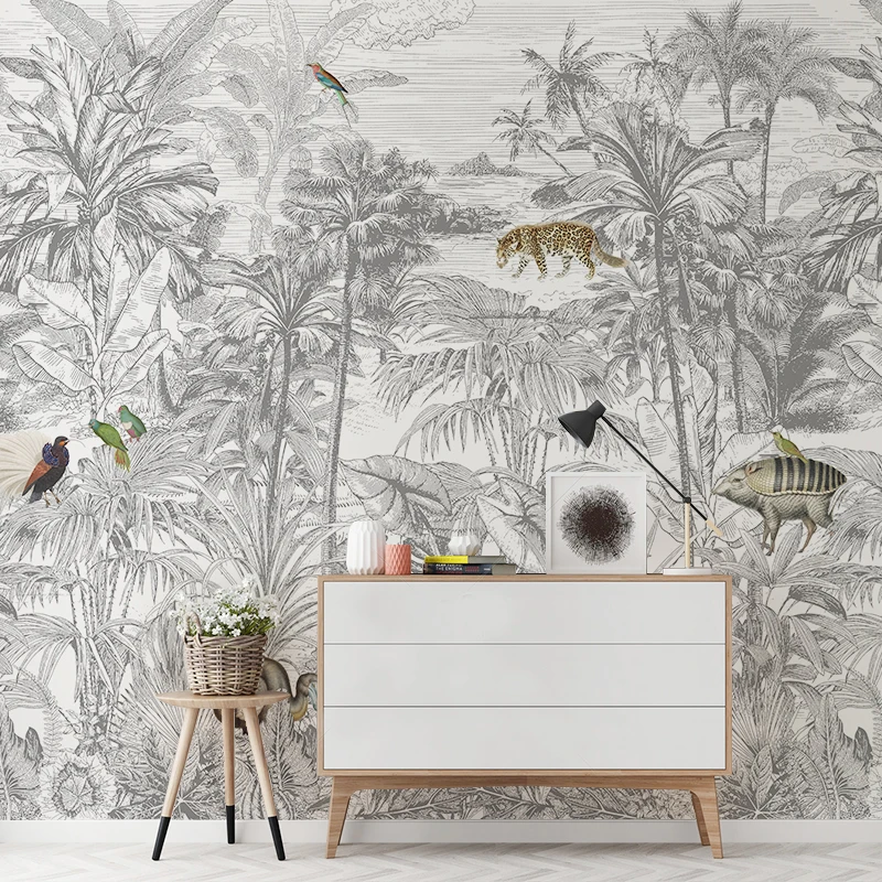 Custom 3D Tropical Rainforest Murals Hand-Painted Southeast Asian Plants Living Room Sofa Background Retro Style Wall Decor