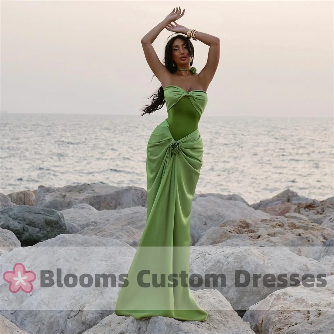 

Blooms Green Pleated Mermaid Flowers Prom Dress Elegant Women's Evening Gown Sleeveless Formal Occasion Dress Party Gown