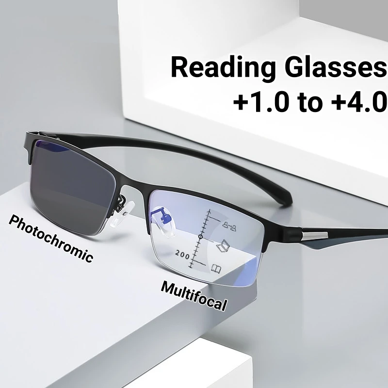 

Men Half Frame Business Photochromic Presbyopia Glasses High Definition Multifocal Reading Glasses Anti-blue Light Glasses