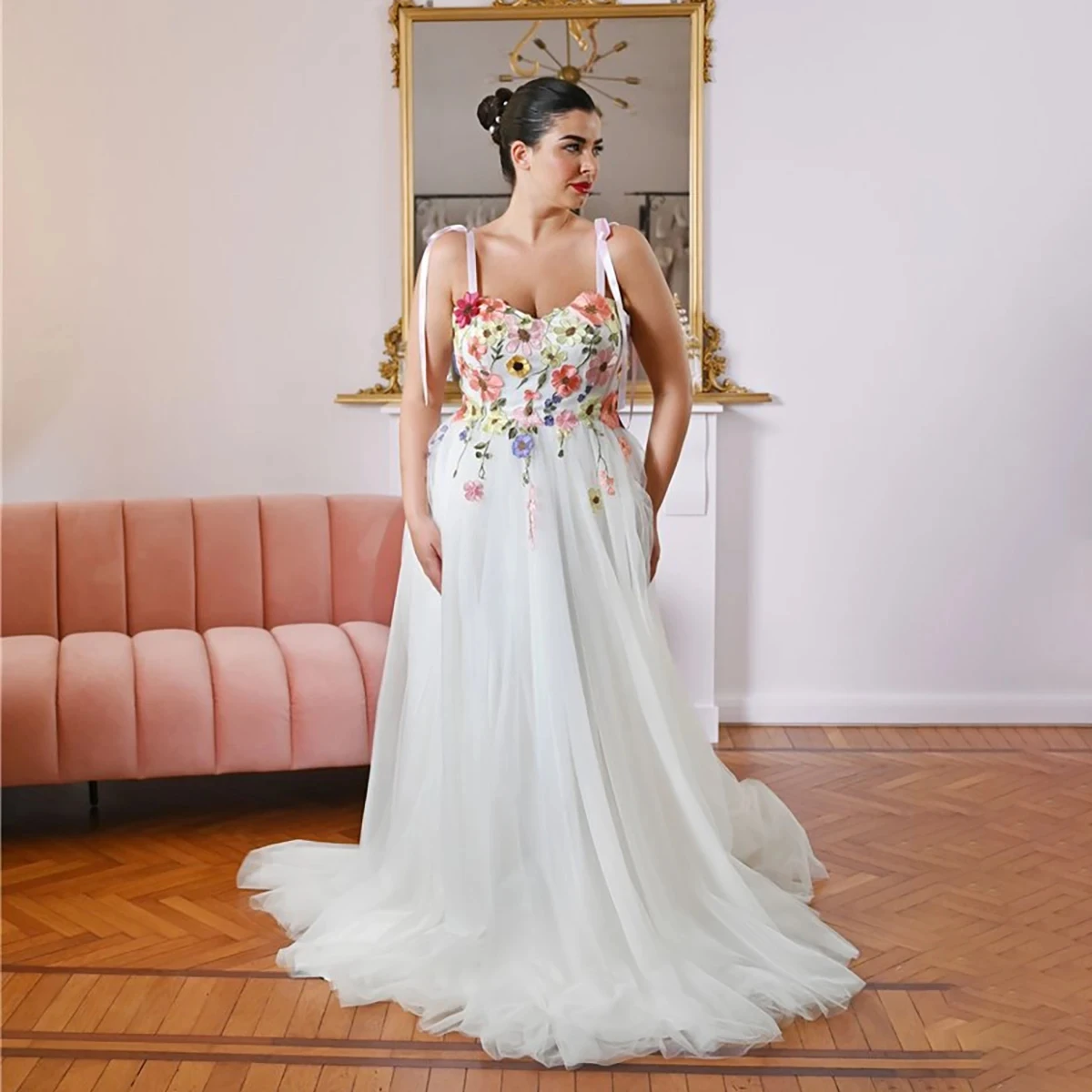 Customized Colorful Wedding Dress Romantic 3D Flowers Bridal Gown Spaghetti Straps Tulle A Line Floral Bridal Dress TSWD525