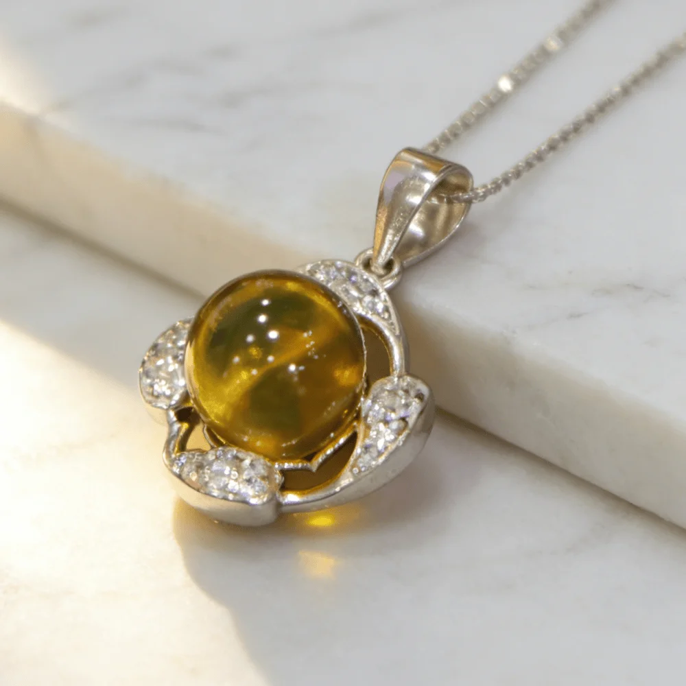 

925 Sterling Silver Mexican Blue Amber Pendant 9mm Three-Petal Flower Necklace for Women Natural Amber Jewelry