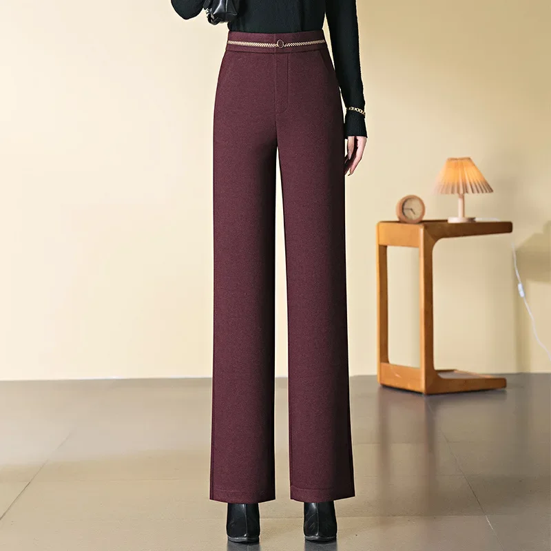 2025 Autumn Winter New Angora Red Wool Tweed Commuter Wide-legged Pants Women, High-waisted Thin Warm Straight Femme Trousers