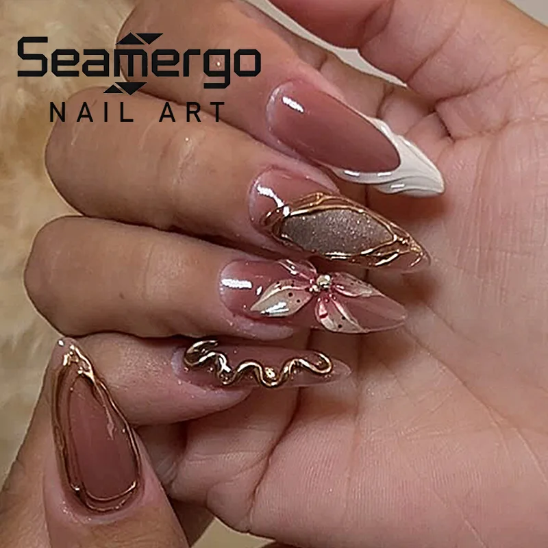

24PCS Gilded Snake Pattern Golden Lines Almond Press on False Nails Tip Sweet Cool Nude Pink Flowers French Fake Nails for Women