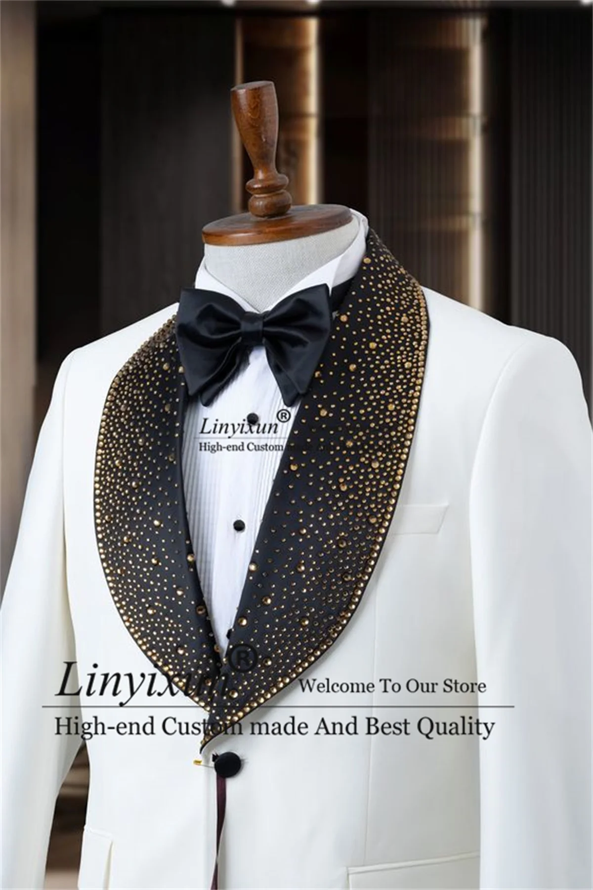 Formal White Men Suits With Beaded Crystal Wedding Groom Tuxedos 2 Pieces Sets Male Prom Party Blazer Slim Fit Costume Homme