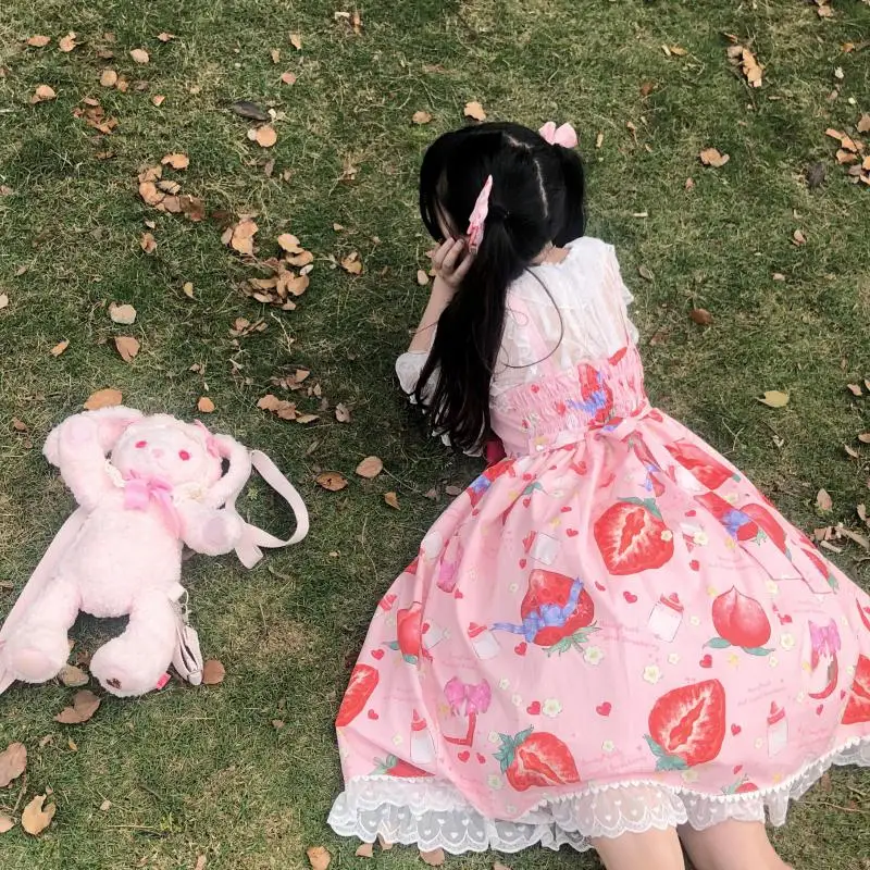 Palácio Estilo Kawaii Coelho Morango Mel Pêssego Lolita Japonês Jsk Lolita Vestido Diário JK Harajuku Menina Vestido Lindo local