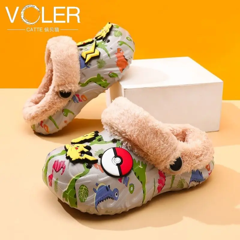 

Cute Pikachu Autumn/Winter Cotton Slippers Cover Heel Cute Cartoon Flat Plush Slippers Autumn Anime Peripheral Christmas Gift