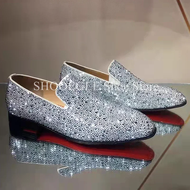 Black Rhinestone Shoes Classic Men Loafers Formal Flat Small Square Toe Summer Wedding Business Office Men\'s All Match Shoes