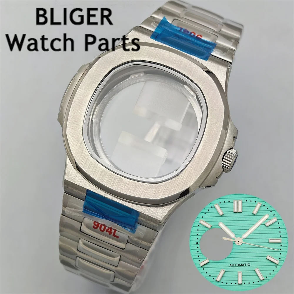 BLIGER 40mm square Watch Cases Watchband Parts Sapphire Glass With Dial Hands Green Luminous Fit NH35 NH38 Movement Waterproof