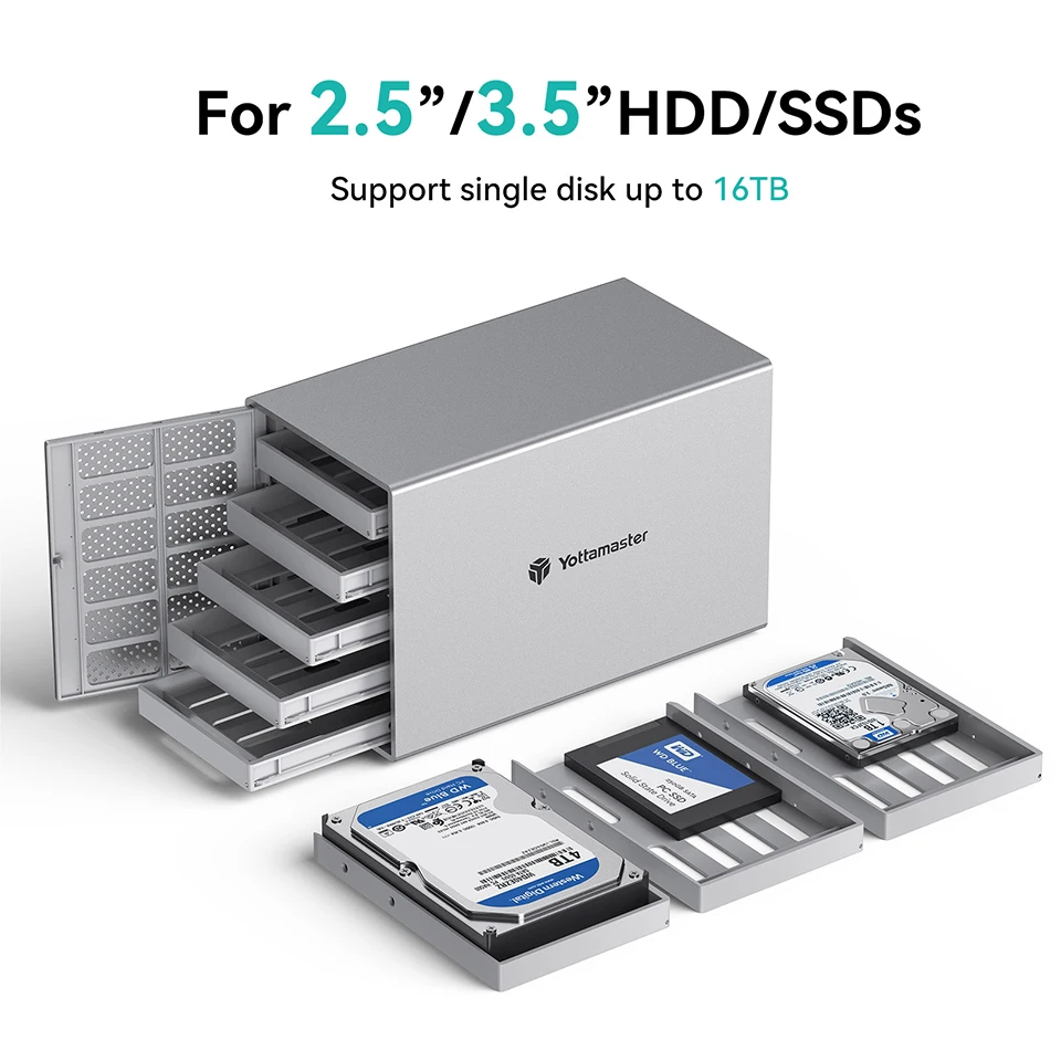 Imagem -02 - Yottamaster-gabinete de Disco Rígido Externo Sata Hdd Ssd Armazenamento Anexado Direto para Backup de Dados Bay Raid 5x10tb 2.5 in 3.5 in