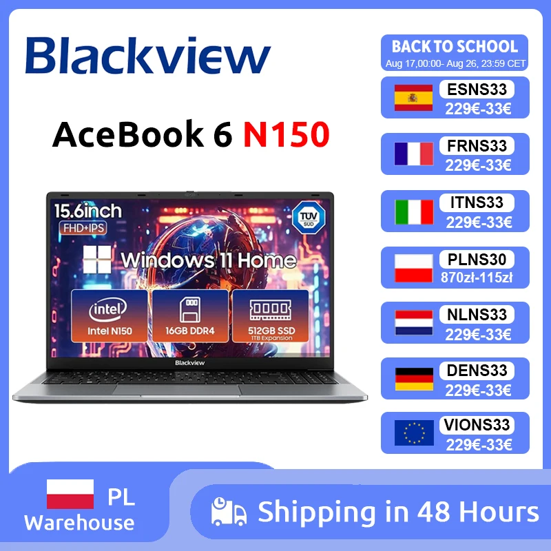 Blackview AceBook 6 Laptop Intel Twin Lake N150 CPU 15,6'' FHD+ IPS Bildschirm 16GB DDR4 512GB SSD 36Wh Akku Windows 11 Notebook