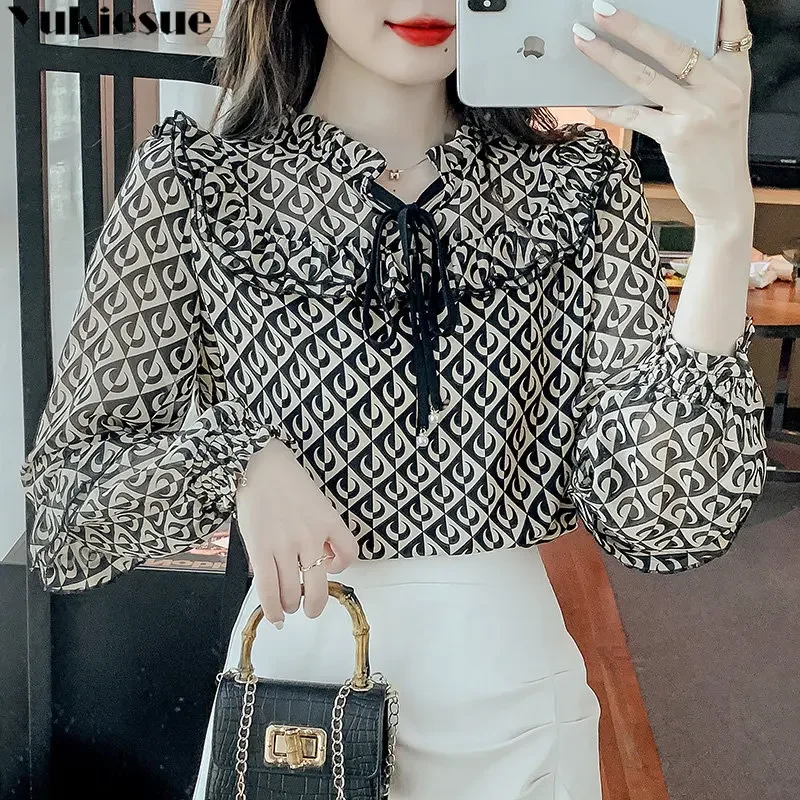 

Женские весенне-летние блузки на шнурке, элегантная винтажная рубашка, повседневная рубашка с длинным рукавом и галстуком-бабочкой, клетчатые топы с принтом, ветер для поездок на работу