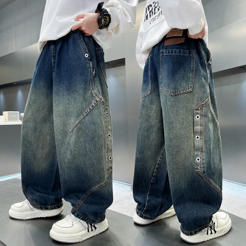 

Kids New Designer Luxury Regular Jeans with Rivets for Teenager Boy Casual Vintage Blue Denim Trousers Child Classic Jeans Pants