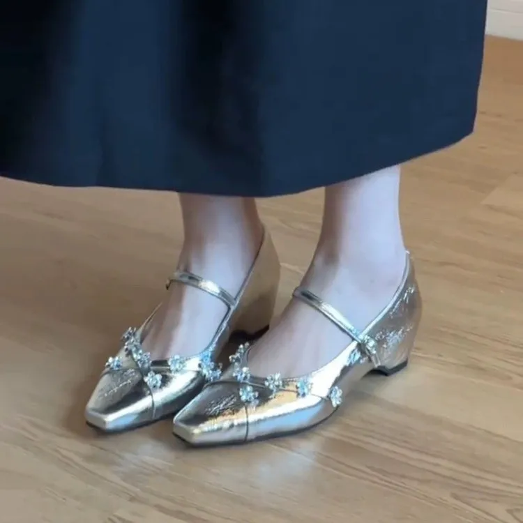 

French style square-toe low-cut Mary Jane shoes for women - rhinestone embellished, versatile slip-on single shoes