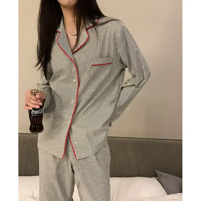 Striped Sleepwear Women Pajama Sets Pocket Piiama Korean Night Wears Autumn Pants Sets 2 Pieces Button Long Sleeve Home Suit New