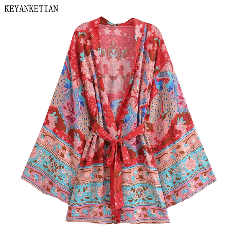 

KEYANKETIAN 2026 Весенняя новинка: Женский кардиган в национальном стиле с принтом, поясом, расклешенными рукавами, свободного кроя, ретро-топ для пляжа