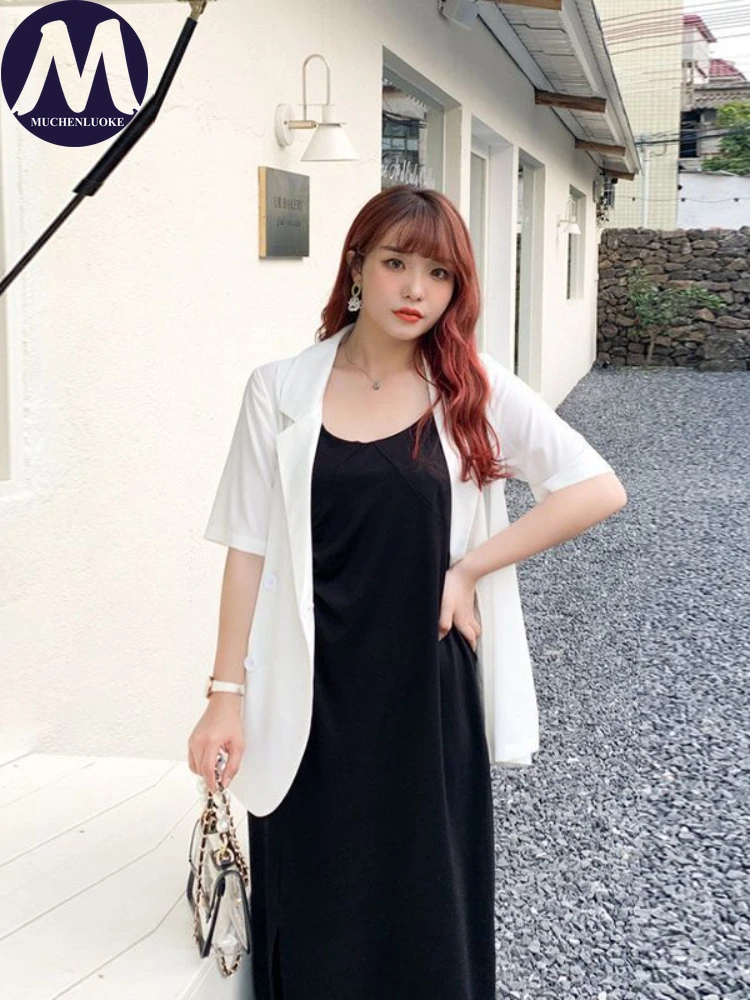 Women's Oversize Short Sleeve Thin Blazer Coats, Casual Loose Blazers, Office Tops, Korean Fashion, Summer, New, 2024